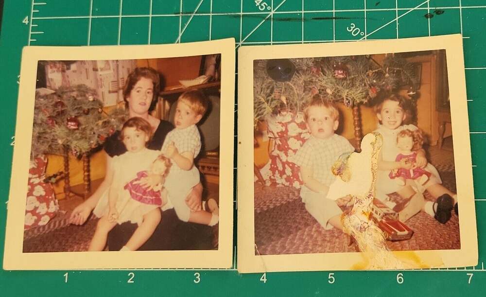 Vintage found photo snapshot 1960s two children christmas tree siblings